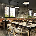 Modern Restaurant Interior With Brick Wall Wooden Counter Pendant Lights And Menu Screens