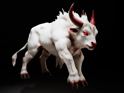 Game Movie Mythical Creature Character White Bull Monster With Red Horns Red Eyes Ferocious Bloodstains 3d model