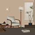Cozy Lounge Chair With Wicker Armrests Wooden Frame Light Gray Cushion Floor Lamp And Plant