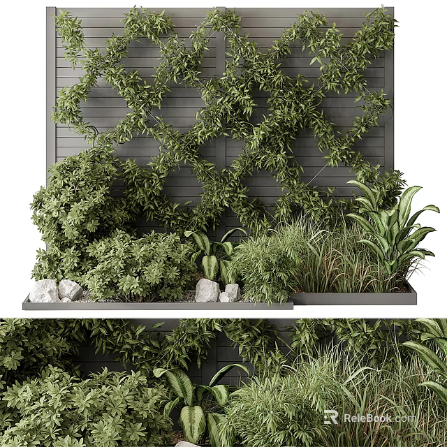 Lush Greenery Covered Feature Wall With Climbing Plants And Stone Accents 3d model 