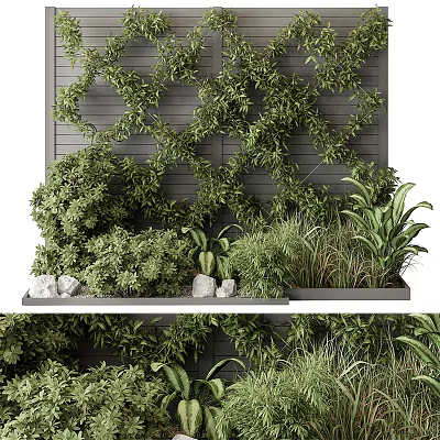 Lush Greenery Covered Feature Wall With Climbing Plants And Stone Accents 3d model
