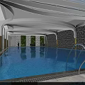 Modern Indoor Swimming Pool with Curved Ceiling Large Windows City View and Blue Water