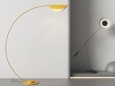 Modern Floor Lamps With Yellow Curved Design And White Round Shade Blue Stand 3d model