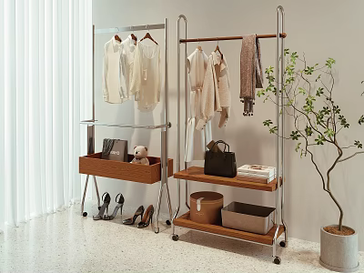 Modern Open Wardrobe with Metal Frame and Wheels Featuring Hanging Clothes Wooden Trays and Accessories 3d model