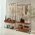 Modern Open Wardrobe with Metal Frame and Wheels Featuring Hanging Clothes Wooden Trays and Accessories
