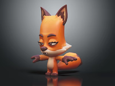 Cute Cartoon Style Orange Fox 3D Model with Brown Ears Standing Pose and Outstretched Arms 3d model