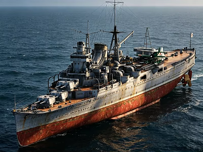 Old Warship Sailing On Open Ocean With Red White Hull And Naval Equipment 3d model