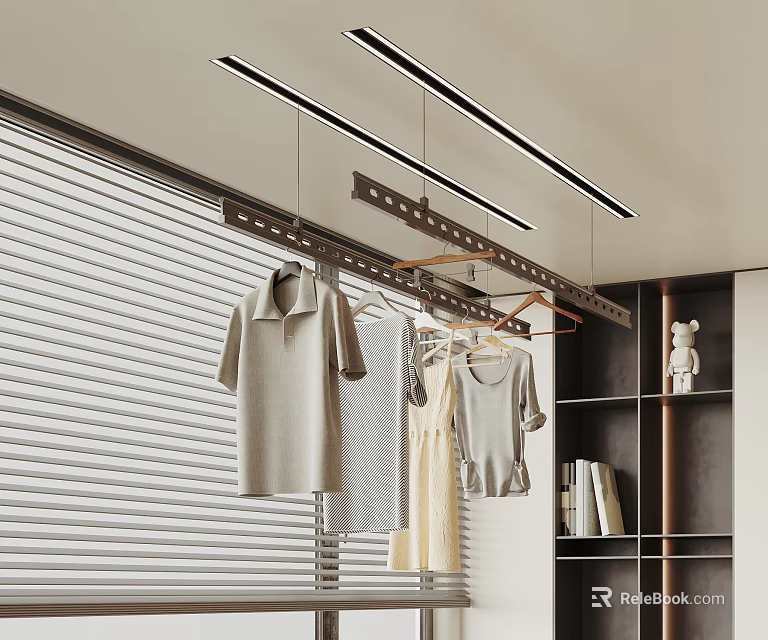 Modern Indoor Space With Hanging Clothes Drying Rack Window Blinds And Bookshelf 3d model 