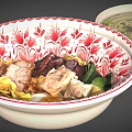 Delicious Ramen In Red Floral Bowl With Pork Vegetables Egg Dumplings And Side Soup