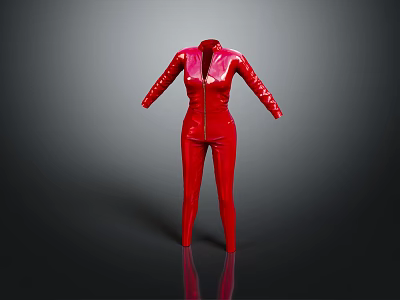 Red Tight Fitting Shiny Jumpsuit With Zipper Design And Slim Fit Style 3d model