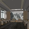 Spacious Reception Room Interior Design With Beige Sofas Mountain Landscape Painting And Wooden Walls