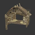 Rustic Wooden Manger Structure With Arch Frame Rope Ties And Plank Roof Details