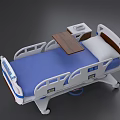 Medical Hospital Bed with Blue Mattress White Frame and Side Cabinet IV Pole