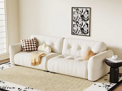 White Two Seater Sofa With Plush Pillows Cozy Throw Jute Rug And Wall Art 3d model