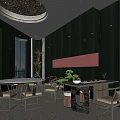 Private Dining Room Interior With Round Chandelier Dining Table Chairs Windows And Decorative Wall