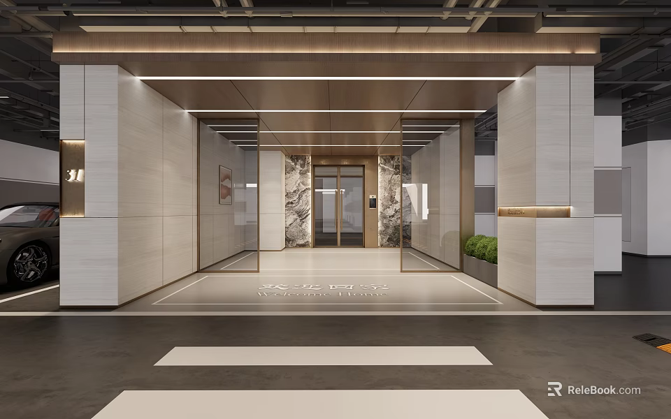 Modern Parking Garage Entrance Design With Glass Doors Bright Lighting And Floor Markings 3d model 