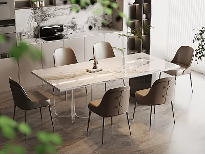 Elegant Modern Dining Table With Marble Top Gray Chairs And Glass Legs In Bright Interior 3d model