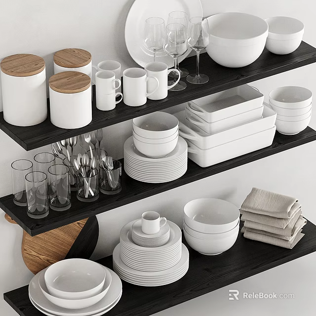 Dinnerware Set on Black Shelves with Stacked White Bowls Plates Mugs Glasses and Utensils 3d model 