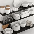Dinnerware Set on Black Shelves with Stacked White Bowls Plates Mugs Glasses and Utensils