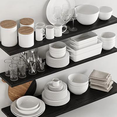 Dinnerware Set on Black Shelves with Stacked White Bowls Plates Mugs Glasses and Utensils 3d model
