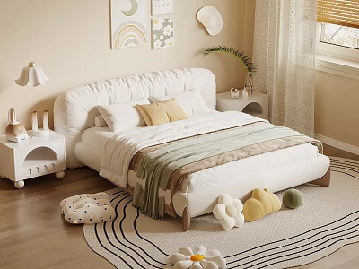 Cozy White Children's Bed With Padded Headboard Rainbow Wall Art Plush Toys And Striped Blanket On Rug 3d model