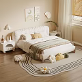 Cozy White Children's Bed With Padded Headboard Rainbow Wall Art Plush Toys And Striped Blanket On Rug