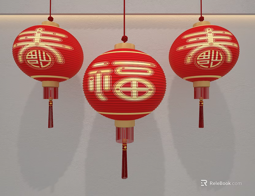 Red Chinese Lanterns with Gold Fu Shou Characters Hanging on White Background with Tassels 3d model 