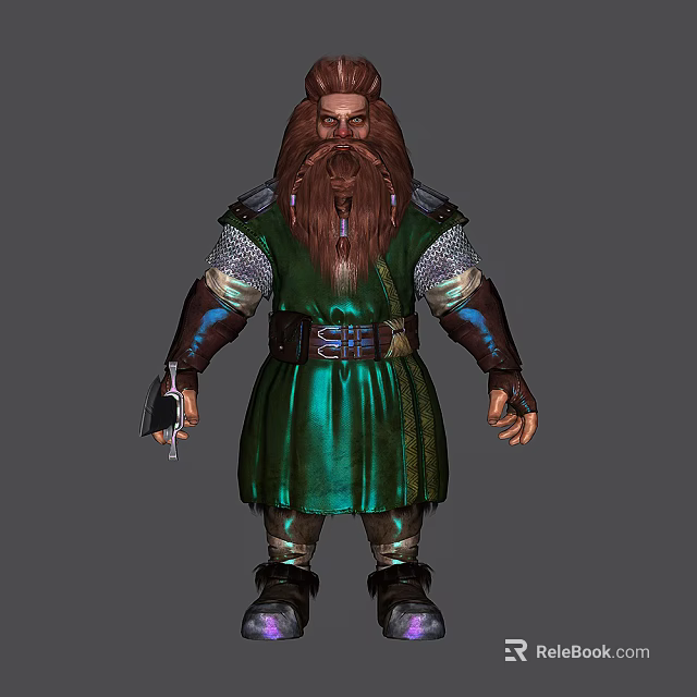 Fantasy Dwarf Game Character With Long Brown Beard Green Robe And Metal Armor 3d model 