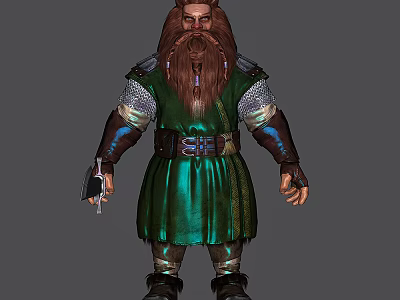 Fantasy Dwarf Game Character With Long Brown Beard Green Robe And Metal Armor 3d model