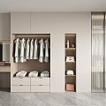 Modern Walk in Closet Interior With Hanging White Shirts Drawers Storage Cabinets And Mirror
