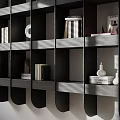 Modern Black Grey Bookcase Interior with Open Shelves Books and Decorative Items