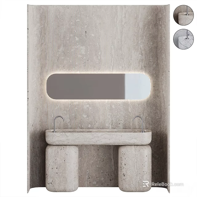 Modern Concrete Double Washbasin With Illuminated Mirror And Striped Texture Wall 3d model 