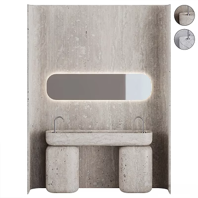 Modern Concrete Double Washbasin With Illuminated Mirror And Striped Texture Wall 3d model