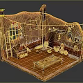 Traditional Rustic Interior With Mud Walls Wooden Bed Clay Pots Hanging Tapestry And Ladder