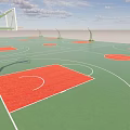 Basketball Court With Green Floor Red Painted Area And Basketball Hoop Under Blue Sky