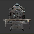 Traditional Carved Wooden Sedan Chair With Red Curtains And Decorative Wheels