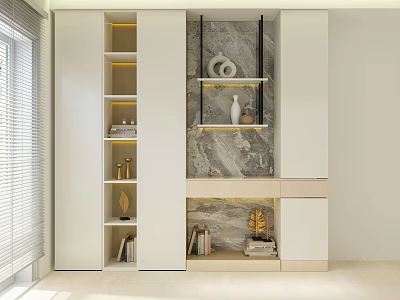 Modern White Storage Shelving Unit With Yellow Accents Marble Background And Decorative Items 3d model