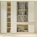 Modern White Storage Shelving Unit With Yellow Accents Marble Background And Decorative Items