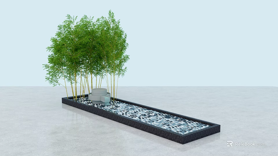 Garden Decor Feature with Green Bamboo Plants in Rectangular Black Container and Pebbles 3d model