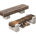 Rustic Wooden Stools With Stone Block Legs And Natural Wood Texture
