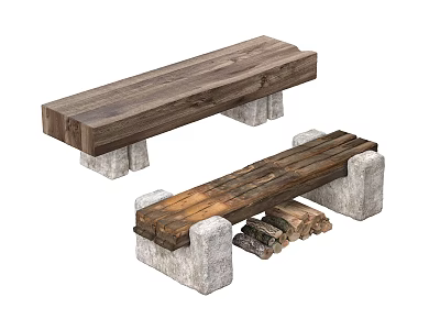 Rustic Wooden Stools With Stone Block Legs And Natural Wood Texture 3d model