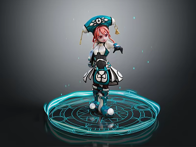 Pink Haired Game Movie Character With Decorative Blue Hat White Blue Outfit And Glowing Circular Platform 3d model
