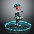 Pink Haired Game Movie Character With Decorative Blue Hat White Blue Outfit And Glowing Circular Platform