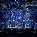 Luxurious Restaurant Interior With Blue Lighting Crystal Decor Circular Chandeliers Elephant Sculptures And Tiered Stage