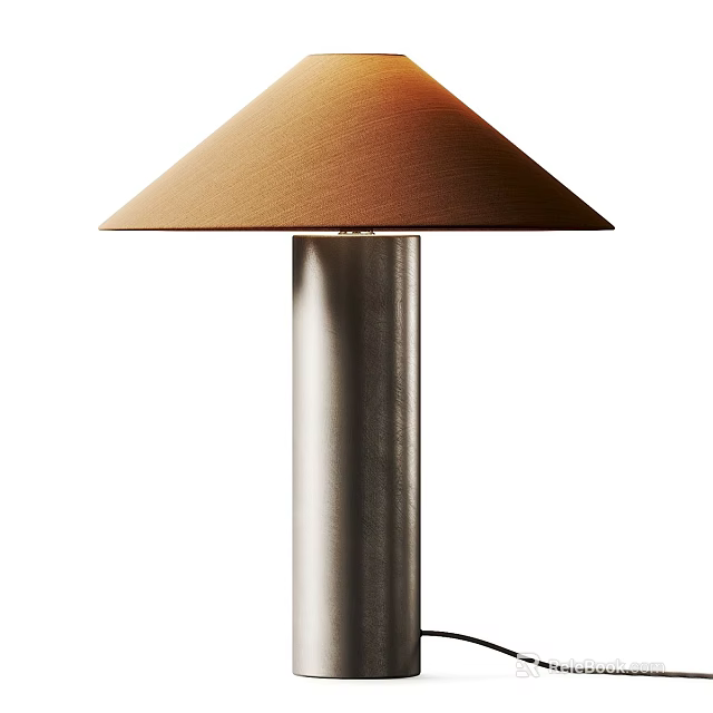 Brown Fabric Conical Shade Modern Table Lamp with Silver Metal Cylindrical Stand 3d model 