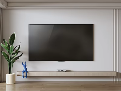 Large Screen Wall Mounted Television On Wooden Stand With Blue Rabbit Figurine And Green Plant 3d model