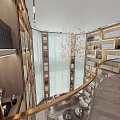 Spacious Modern Duplex Living Room Interior With Sofas Bookshelves Staircase And Chandelier