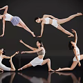 Women Performing Different Dance And Yoga Poses In Activewear On Dark Reflective Floor