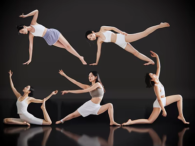 Women Performing Different Dance And Yoga Poses In Activewear On Dark Reflective Floor 3d model