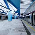 Modern Subway Station With Blue Roof Structure White Ceiling Marble Floor And Yellow Safety Line